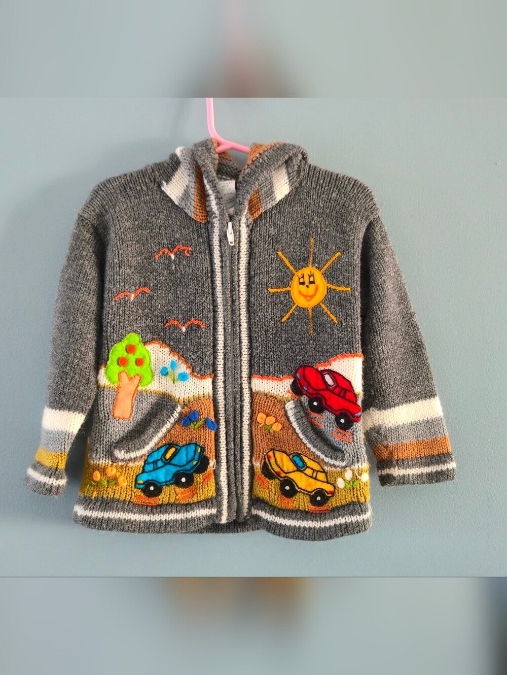 Boys Peruvian Gray Hooded Knit Jacket with Colorful Car & Sun Appliqués